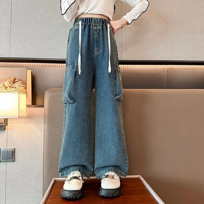 Paauglių mergaičių džinsai pavasario rudens korėjiečių laisvalaikio retro mėlynos džinsinės kelnės Madingi elastingi juosmens džinsai mergaitėms Nauji drabužiai