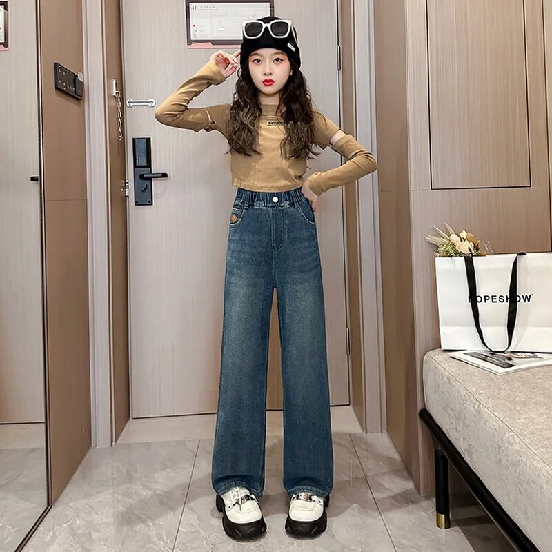 Paauglių mergaičių džinsai pavasario rudens korėjiečių laisvalaikio retro mėlynos džinsinės kelnės Madingi elastingi juosmens džinsai mergaitėms Nauji drabužiai
