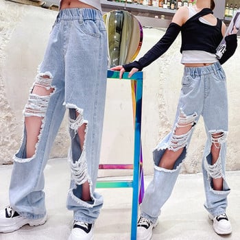 Παιδικά κορίτσια Παιδικά παντελόνια Μόδα Χαλαρά τζιν τζιν ελαστικές τσέπες με φαρδιά πόδι ταλαιπωρημένο τζιν παντελόνι για καθημερινή χρήση