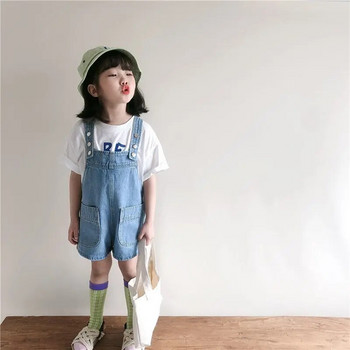 2023 г. Нов летен гащеризон за момичета в корейски стил Сладки модни изпрани дънки Дънкови гащеризони презрамки Къси панталони Бутикови гащеризони 2-8 години
