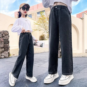 Японски корейски стил момиче пролет есен прави широки панталони модни детски деним дънки тийнейджърски ежедневни панталони 4-14 години