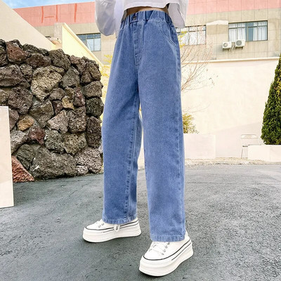 Jaapani Korea stiilis tüdruk Kevad sügis Sirged laiad püksid Moodsad lapsed Denim Teksad Teismelised vabaaja püksid 4-14 aastat vana