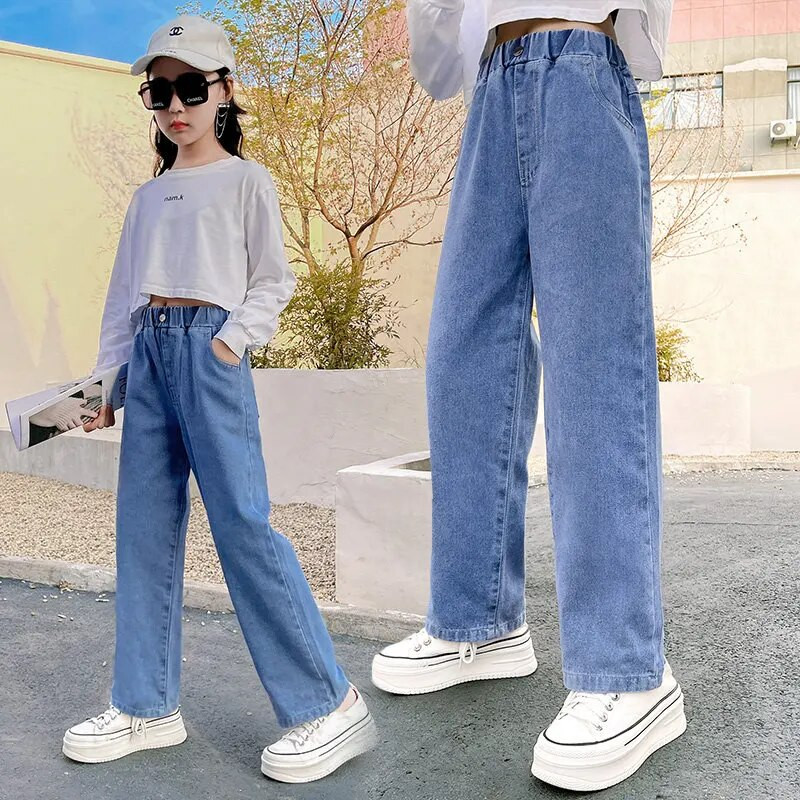 Jaapani Korea stiilis tüdruk Kevad sügis Sirged laiad püksid Moodsad lapsed Denim Teksad Teismelised vabaaja püksid 4-14 aastat vana