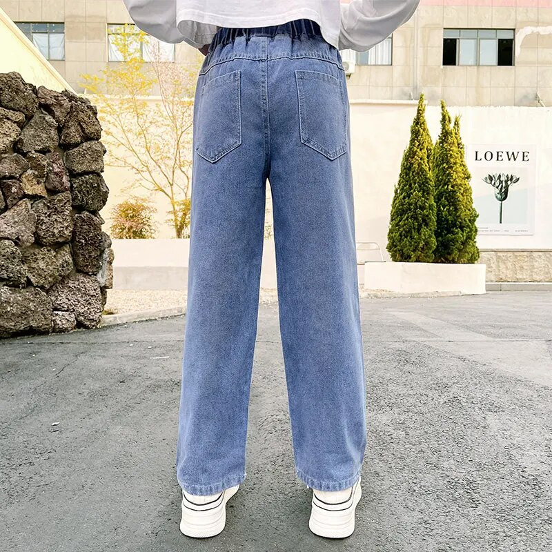 Jaapani Korea stiilis tüdruk Kevad sügis Sirged laiad püksid Moodsad lapsed Denim Teksad Teismelised vabaaja püksid 4-14 aastat vana