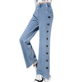 Tasuta stiiliga laste tüdrukute kõrge vöökohaga teksad Laia säärega teksapüksid teismelistele tüdrukutele Moodsad kevadsügisesed laia säärega teksad südamekujulise disainiga