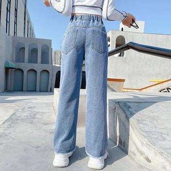 Свободен стил Детски момиче Дънки с висока талия Широки дънкови панталони за тийнейджърки Модни пролетни есенни широки дънки с дизайн на сърце
