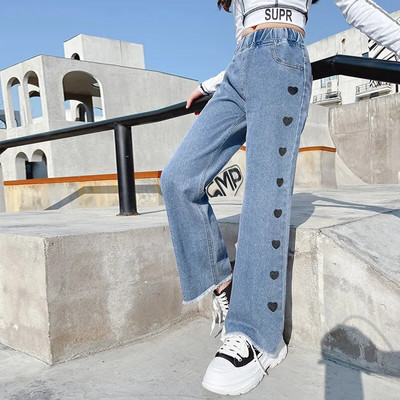 Tasuta stiiliga laste tüdrukute kõrge vöökohaga teksad Laia säärega teksapüksid teismelistele tüdrukutele Moodsad kevadsügisesed laia säärega teksad südamekujulise disainiga