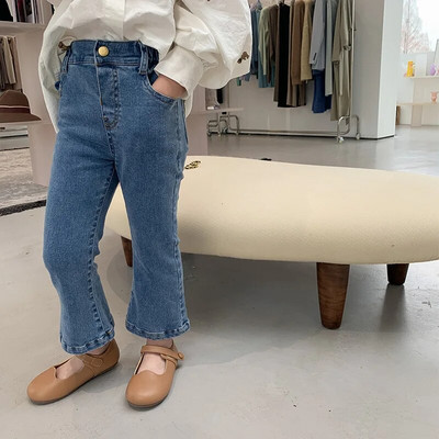 Mergaičių džinsai aukštu juosmeniu, plonos džinsinės kelnės, 2022 m. pavasario rudens korėjietiško stiliaus platėjančios kelnės 2–7 m.