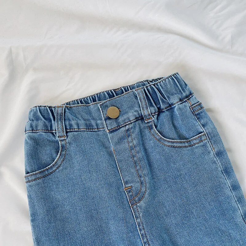 Mergaičių džinsai aukštu juosmeniu, plonos džinsinės kelnės, 2022 m. pavasario rudens korėjietiško stiliaus platėjančios kelnės 2–7 m.