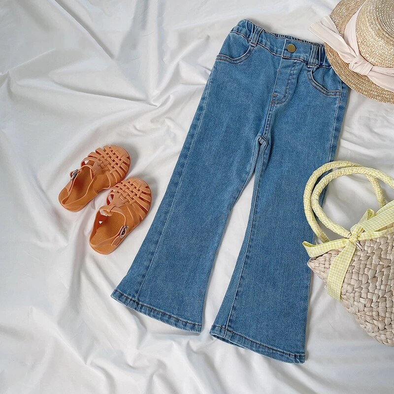 Mergaičių džinsai aukštu juosmeniu, plonos džinsinės kelnės, 2022 m. pavasario rudens korėjietiško stiliaus platėjančios kelnės 2–7 m.