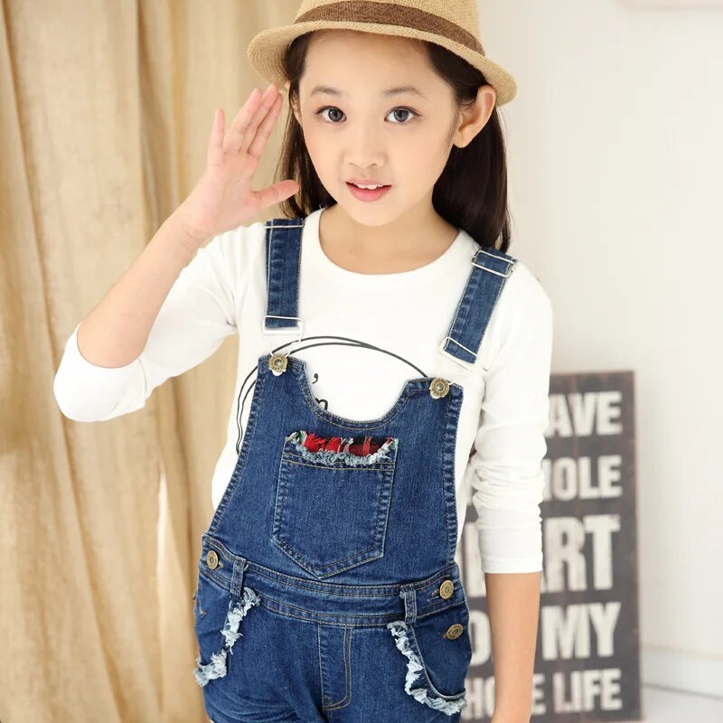 Uued Laste teksakombinesoonid Kombinesoon Tüdrukutele Hole Ripped Teksad Püksid Laste Denim Bib Jumpsuit Teismeliste Teksad Suspend püksid