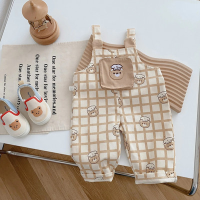 2023 m. Korėjos kūdikių berniukų pavasario rudens kelnės Medvilninės laisvos lopytos animacinių filmų kelnaitės, spausdintos raidės, languotos berniukų kelnės