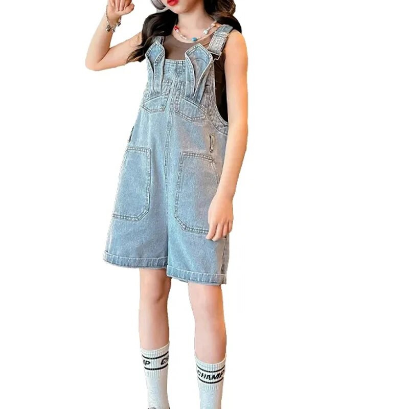 Suvised õhukesed laste teksapüksid Kombinesoonid Lühikesed püksid Tüdrukud Kombinesoonid Vabaaja vabad suure taskuga teksapüksid Beebi Sukad Teksad