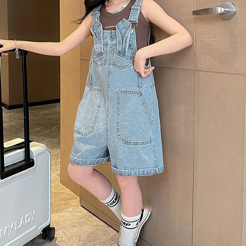 Suvised õhukesed laste teksapüksid Kombinesoonid Lühikesed püksid Tüdrukud Kombinesoonid Vabaaja vabad suure taskuga teksapüksid Beebi Sukad Teksad