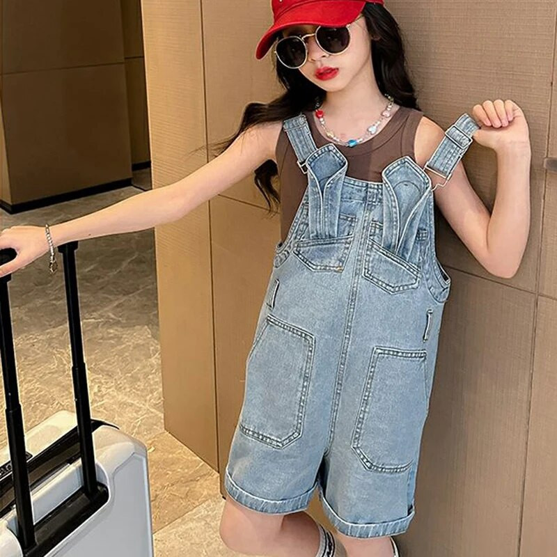 Suvised õhukesed laste teksapüksid Kombinesoonid Lühikesed püksid Tüdrukud Kombinesoonid Vabaaja vabad suure taskuga teksapüksid Beebi Sukad Teksad