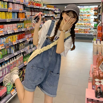 13 14 15 16 Yrs Kid Teens Κορίτσι preppy jumpsuits γυναικεία φοιτήτρια Σχολείο Καλοκαιρινό φαρδύ τζιν σορτς τζιν παντελόνι Rompers τιράντες