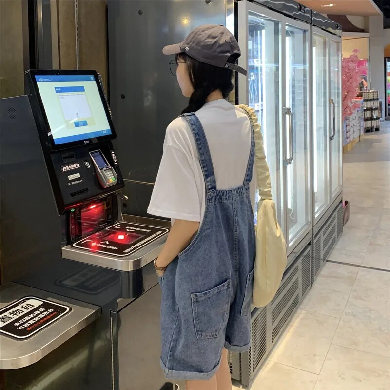 13 14 15 16 Yrs Kid Teens Κορίτσι preppy jumpsuits γυναικεία φοιτήτρια Σχολείο Καλοκαιρινό φαρδύ τζιν σορτς τζιν παντελόνι Rompers τιράντες