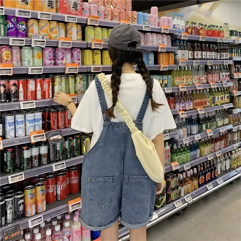 13 14 15 16 Yrs Kid Teens Κορίτσι preppy jumpsuits γυναικεία φοιτήτρια Σχολείο Καλοκαιρινό φαρδύ τζιν σορτς τζιν παντελόνι Rompers τιράντες