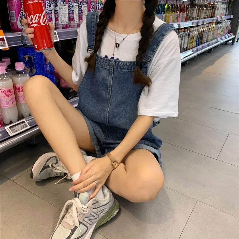 13 14 15 16 Yrs Kid Teens Κορίτσι preppy jumpsuits γυναικεία φοιτήτρια Σχολείο Καλοκαιρινό φαρδύ τζιν σορτς τζιν παντελόνι Rompers τιράντες