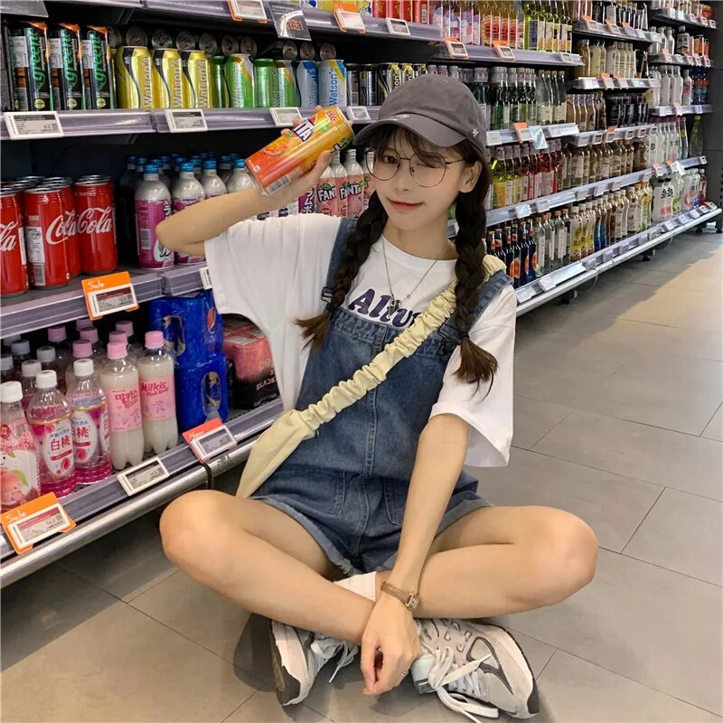 13 14 15 16 Yrs Kid Teens Κορίτσι preppy jumpsuits γυναικεία φοιτήτρια Σχολείο Καλοκαιρινό φαρδύ τζιν σορτς τζιν παντελόνι Rompers τιράντες