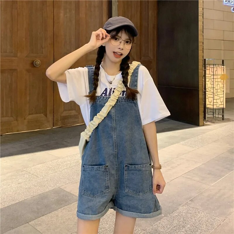 13 14 15 16 Yrs Kid Teens Κορίτσι preppy jumpsuits γυναικεία φοιτήτρια Σχολείο Καλοκαιρινό φαρδύ τζιν σορτς τζιν παντελόνι Rompers τιράντες