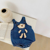 2023 m. rudens kūdikių berniukų kelnaitės, džinsinio audinio nuimamas meškiukas, universalios sagos, berniukų kūno kostiumas mažiems berniukams