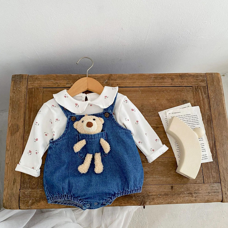 2023 m. rudens kūdikių berniukų kelnaitės, džinsinio audinio nuimamas meškiukas, universalios sagos, berniukų kūno kostiumas mažiems berniukams