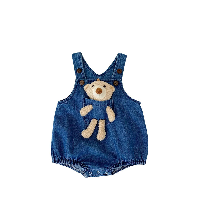 2023 m. rudens kūdikių berniukų kelnaitės, džinsinio audinio nuimamas meškiukas, universalios sagos, berniukų kūno kostiumas mažiems berniukams