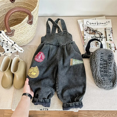 Rudens žiemos vaikams plius aksominiai kombinezonai Retro berniukui vaikiškos kelnaitės Kombinezonas mergaitei kūdikiui vilnos storos džinsinės kelnės mažiems vaikams