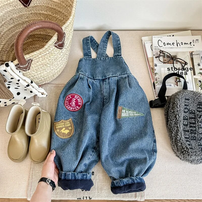 Rudens žiemos vaikams plius aksominiai kombinezonai Retro berniukui vaikiškos kelnaitės Kombinezonas mergaitei kūdikiui vilnos storos džinsinės kelnės mažiems vaikams