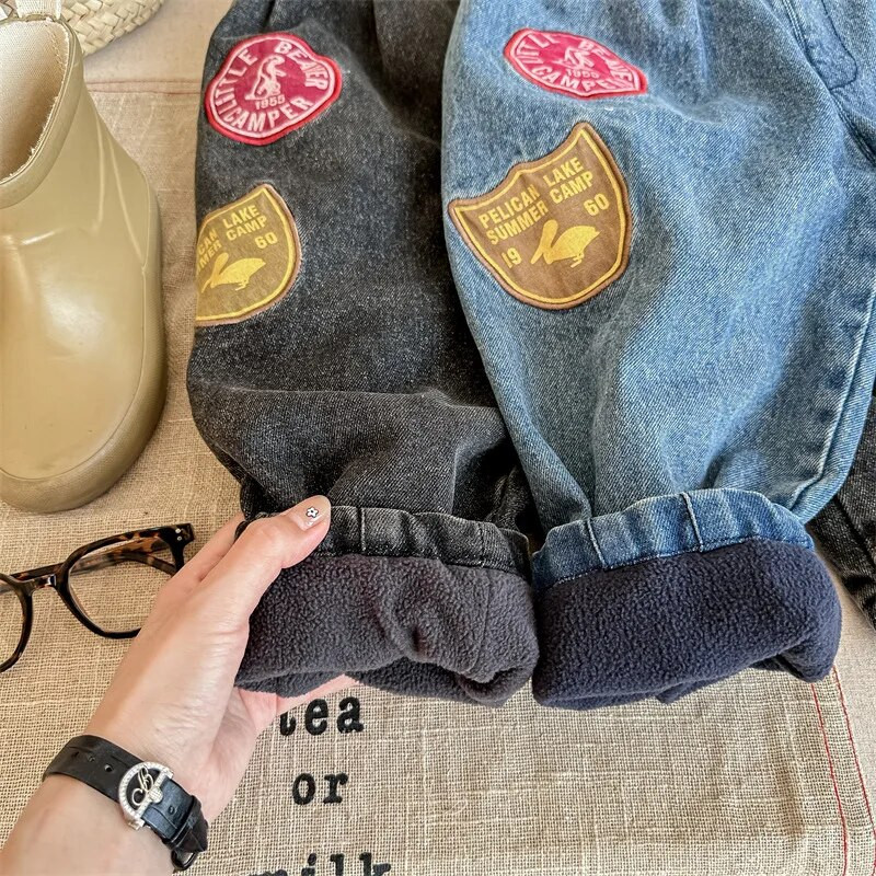 Rudens žiemos vaikams plius aksominiai kombinezonai Retro berniukui vaikiškos kelnaitės Kombinezonas mergaitei kūdikiui vilnos storos džinsinės kelnės mažiems vaikams