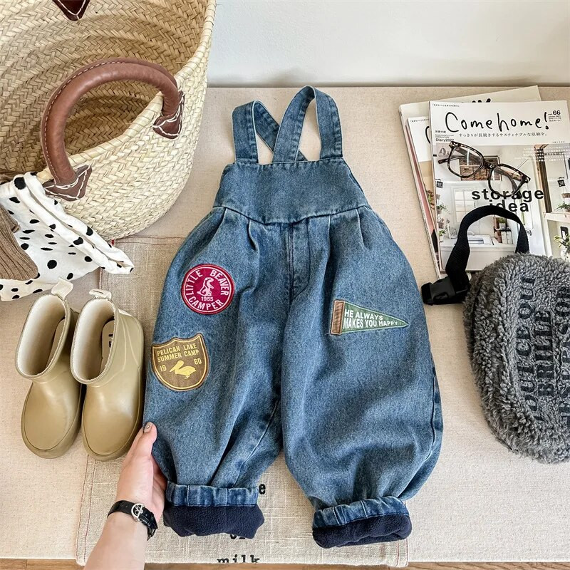 Rudens žiemos vaikams plius aksominiai kombinezonai Retro berniukui vaikiškos kelnaitės Kombinezonas mergaitei kūdikiui vilnos storos džinsinės kelnės mažiems vaikams