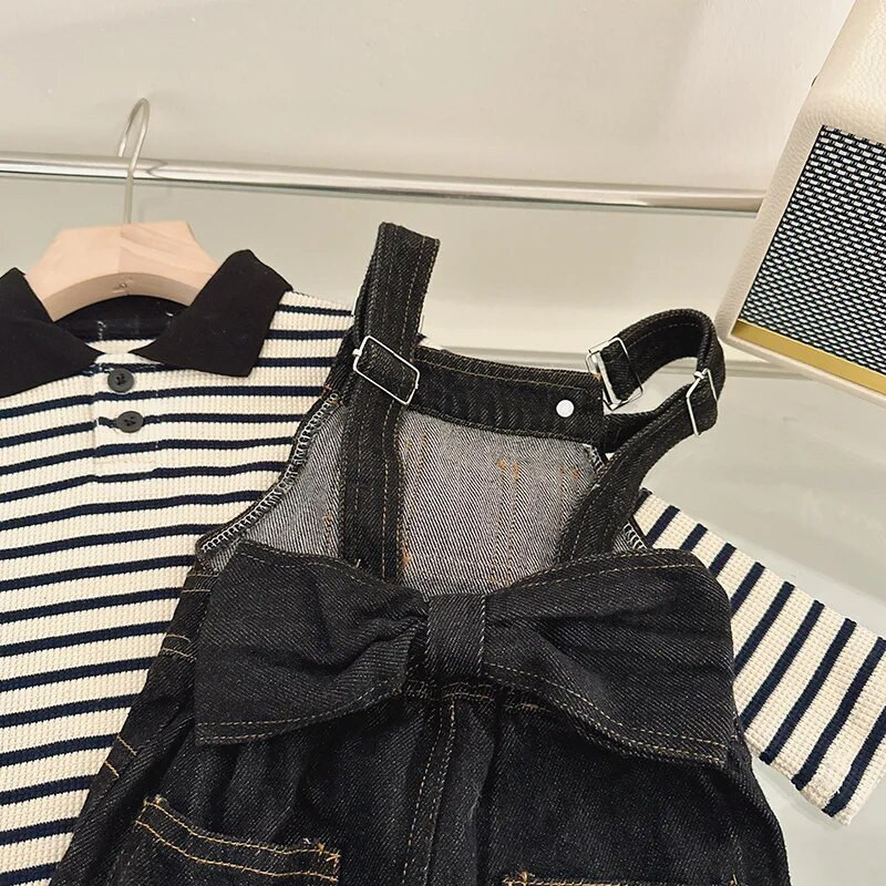 Kevad-sügis tüdrukute teksakombinesoon beebi kombinesoon Laste kombinesoon lastele ühes tükis riided laineline vöökoht vibu lõhik 2-7 a