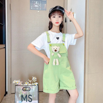 Дънки с тиранти за момичета 3-10 години Сладък гащеризон за кукли с мече Нова мода Корейски дънкови шорти за тийнейджърки Подарък за деца за рожден ден
