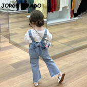 Korea stiilis kevad-sügis beebitüdrukute komplektid ümmarguse kraega pikkade varrukatega T-särgid+sinine teksariiete kombinesoonid lasteriided E2305