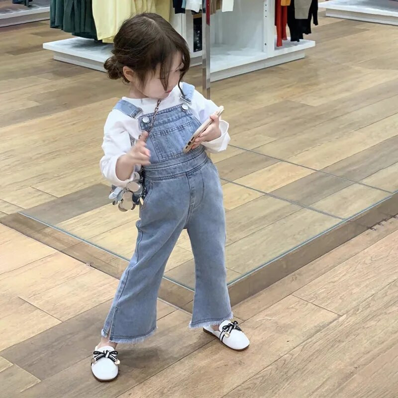 Korea stiilis kevad-sügis beebitüdrukute komplektid ümmarguse kraega pikkade varrukatega T-särgid+sinine teksariiete kombinesoonid lasteriided E2305