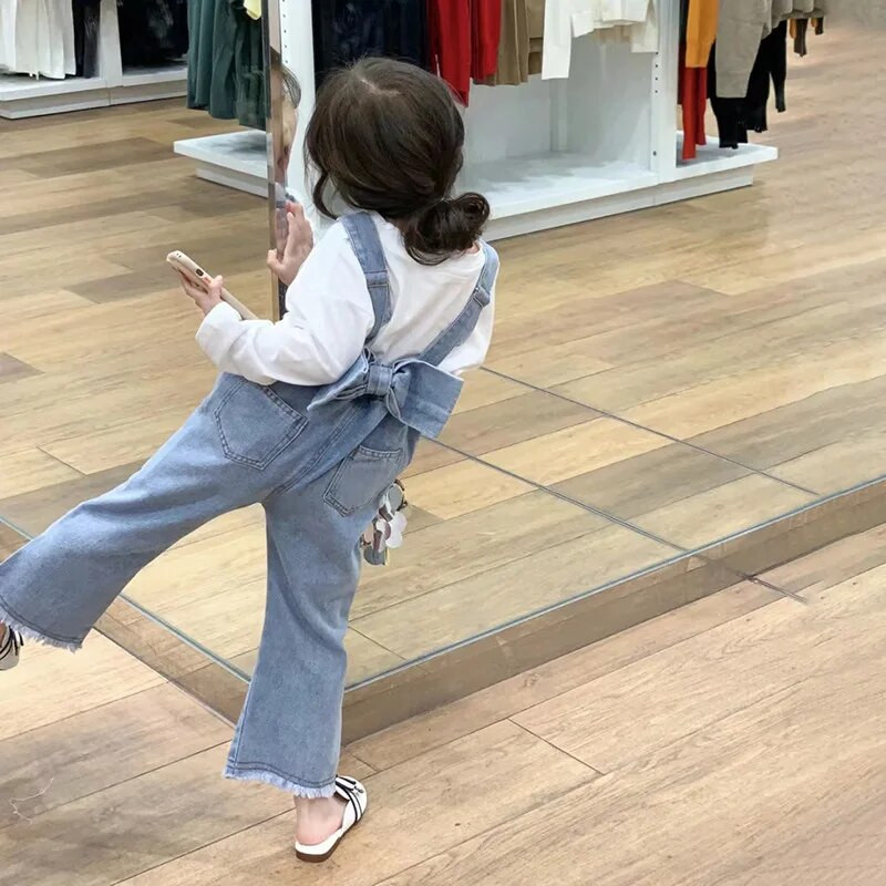 Korea stiilis kevad-sügis beebitüdrukute komplektid ümmarguse kraega pikkade varrukatega T-särgid+sinine teksariiete kombinesoonid lasteriided E2305