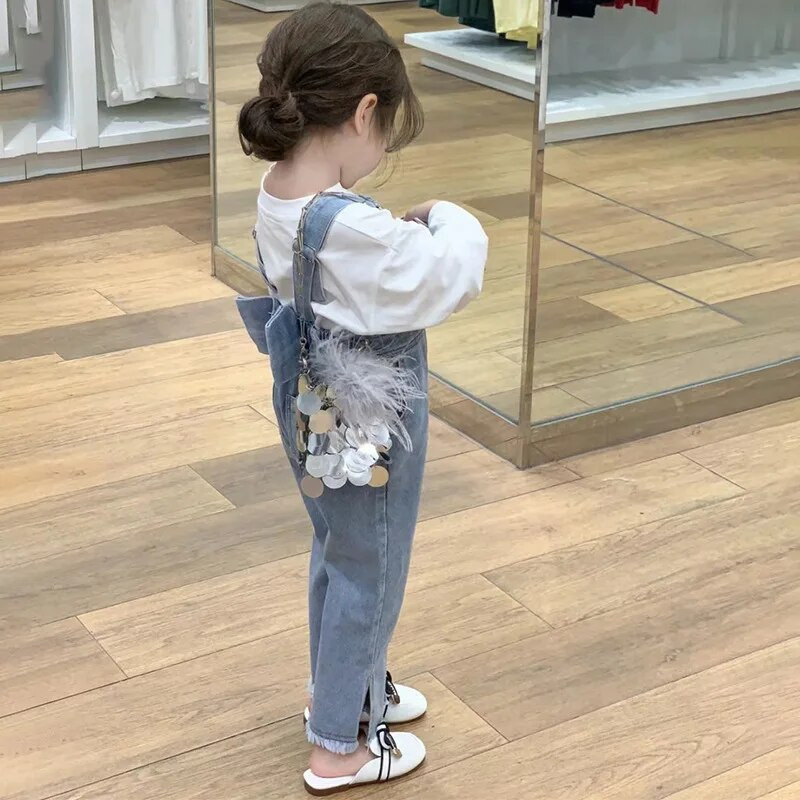 Korea stiilis kevad-sügis beebitüdrukute komplektid ümmarguse kraega pikkade varrukatega T-särgid+sinine teksariiete kombinesoonid lasteriided E2305