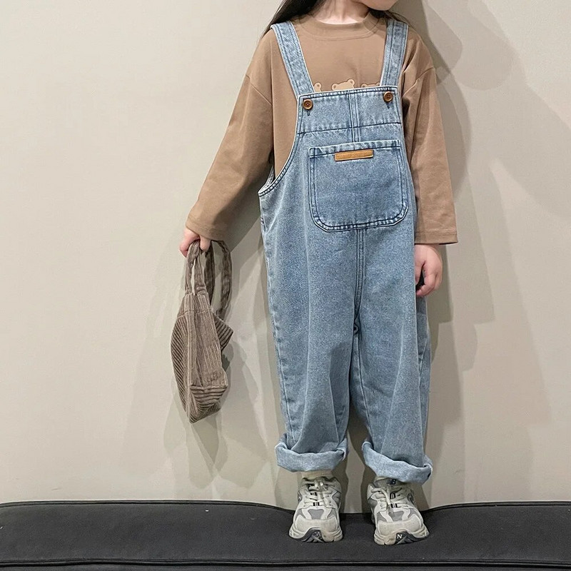 Sügislikud armsad tüdrukute lihtsad lahtised teksakombinesoonid Laste vabaaja laia säärega traksipüksid