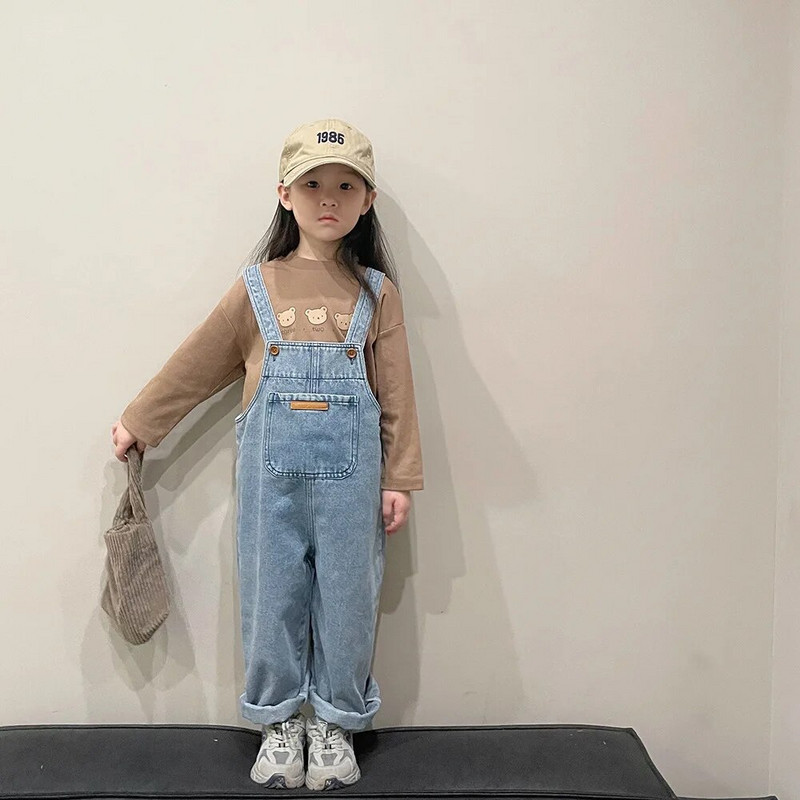 Sügislikud armsad tüdrukute lihtsad lahtised teksakombinesoonid Laste vabaaja laia säärega traksipüksid