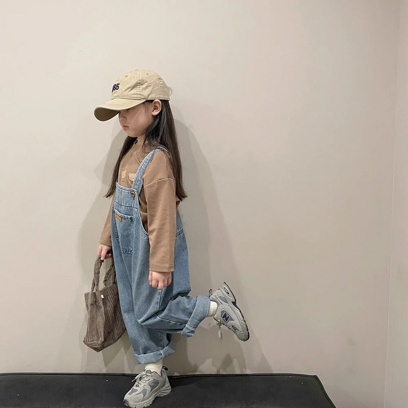 Sügislikud armsad tüdrukute lihtsad lahtised teksakombinesoonid Laste vabaaja laia säärega traksipüksid