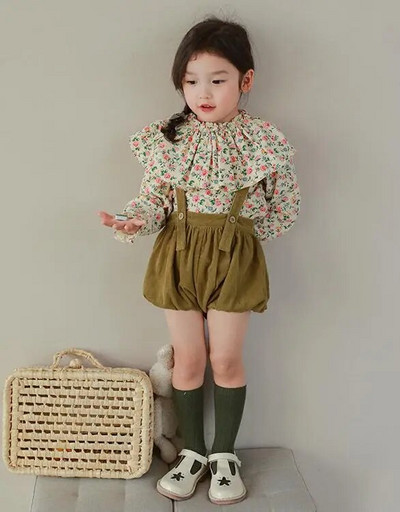 Pavasario rudeniniai vaikiški mergaičių velveto kombinezonai medvilniniai laisvi elastiniai juosmuo su reguliuojamu dirželiu trumpos kelnytės mergaičių mokinukėms