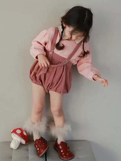 Pavasario rudeniniai vaikiški mergaičių velveto kombinezonai medvilniniai laisvi elastiniai juosmuo su reguliuojamu dirželiu trumpos kelnytės mergaičių mokinukėms