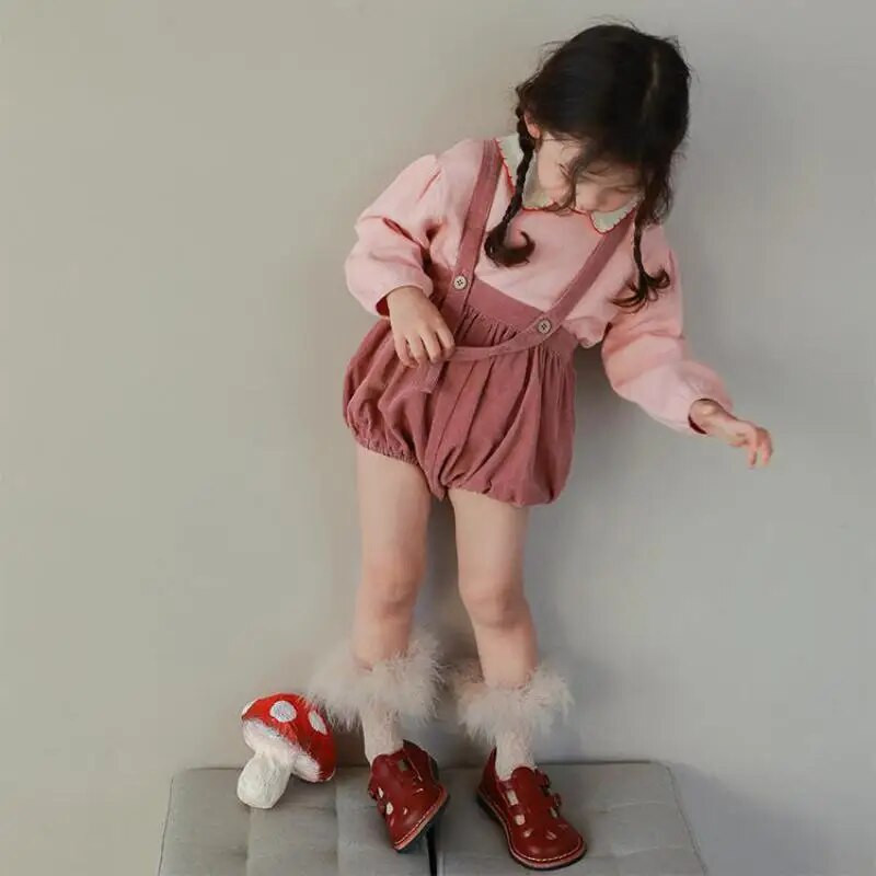 Pavasario rudeniniai vaikiški mergaičių velveto kombinezonai medvilniniai laisvi elastiniai juosmuo su reguliuojamu dirželiu trumpos kelnytės mergaičių mokinukėms