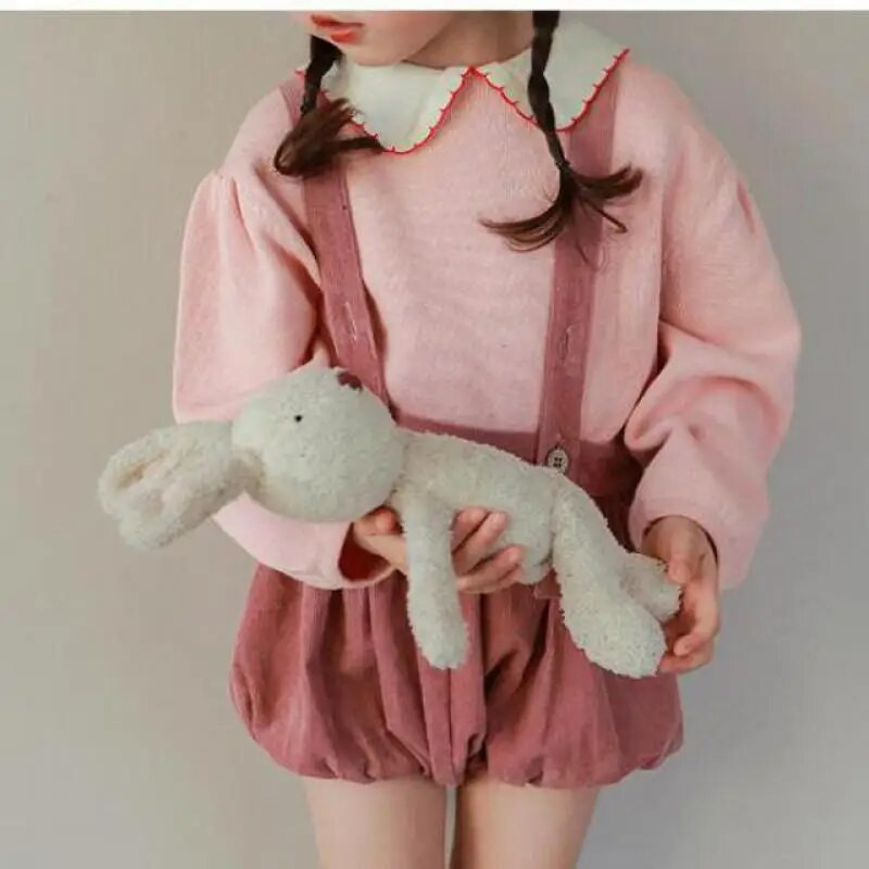 Pavasario rudeniniai vaikiški mergaičių velveto kombinezonai medvilniniai laisvi elastiniai juosmuo su reguliuojamu dirželiu trumpos kelnytės mergaičių mokinukėms