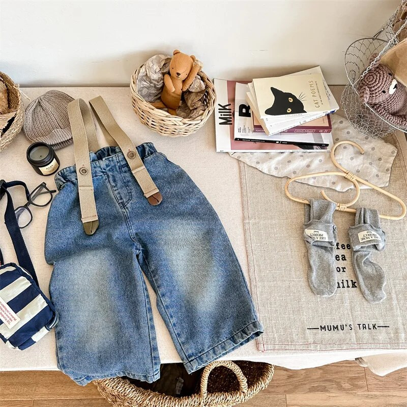 Nove jesenske dječje ležerne traperice s tregerima Djevojčica Kid Retro široki kombinezon Dječaci Dječje modne jednobojne hlače Hlače za dojenčad Hlače za sve vrste