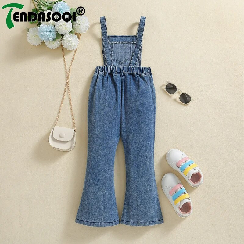 4-8M Vaikai Mergaičių Kombinezonai Drabužiai Pavasaris Rudens Dvigubi petnešėlės Džinsiniai Varpelio Apatiniai Vaikiški Mergaičių Kelnės Drabužiai