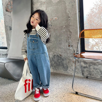 2023 г. Нов корейски моден гащеризон за момичета Дрехи от плътен деним Suspende Сладки сладки за малки деца Дънки за момчета Детски гащеризони