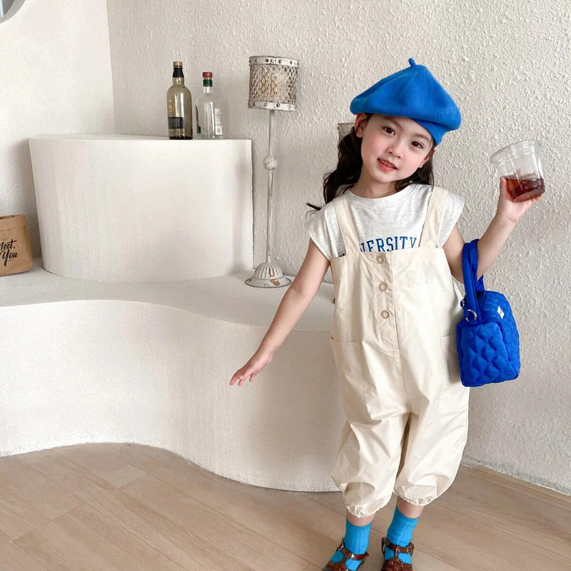 2022 m. vasaros mergaičių madingi vienspalviai laisvi kombinezonai mergaitei medvilninės, plonos juosmens petnešos, ilgos kelnės