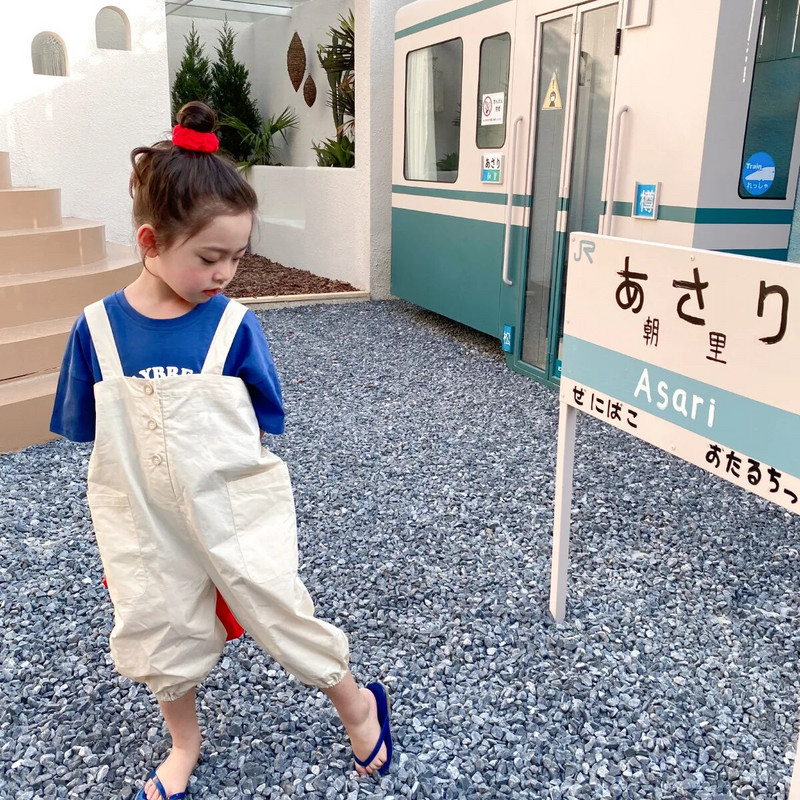 2022 m. vasaros mergaičių madingi vienspalviai laisvi kombinezonai mergaitei medvilninės, plonos juosmens petnešos, ilgos kelnės